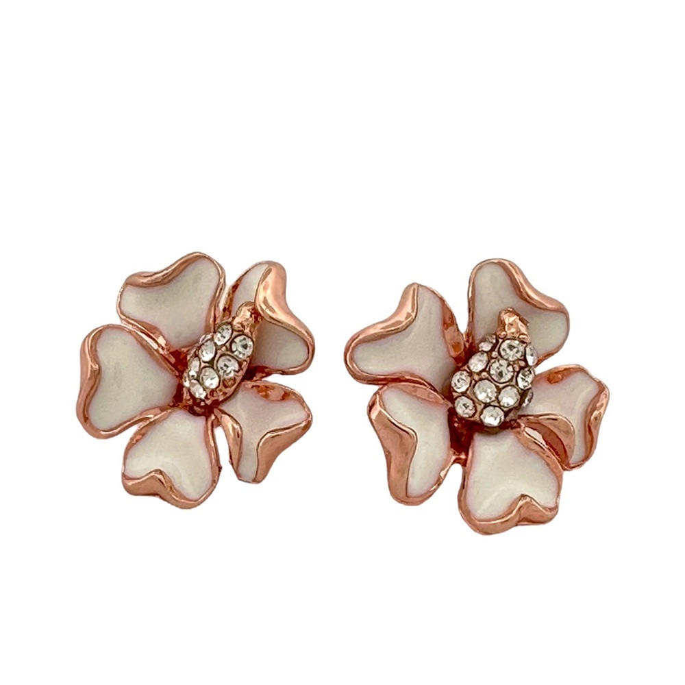 Flower Stud Earrings - Vintage Inspired White and Rose Gold Earrings